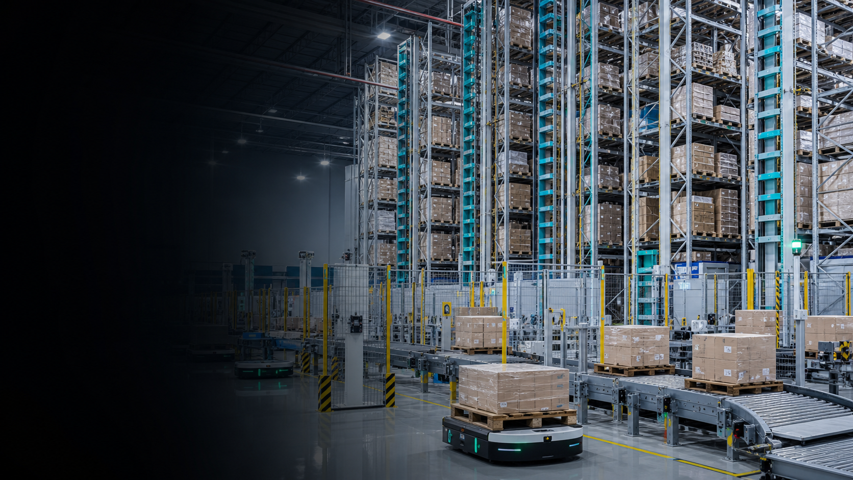 Automated warehouse with high-bay racks, stacker cranes and conveyors